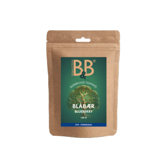Pose med Blåbær Superfood Topping 100 g i kraftpapir med grøn label